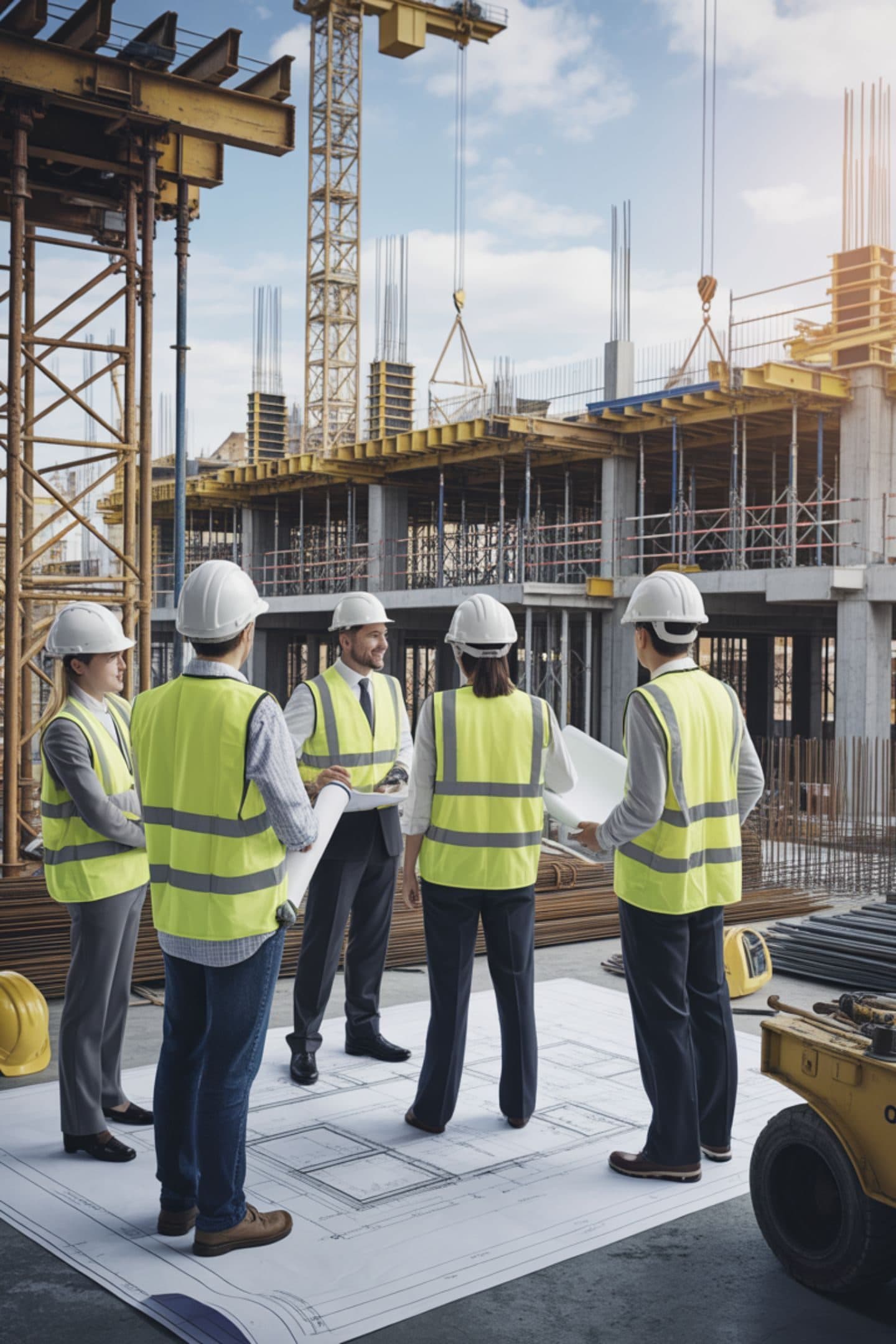 Equipe técnica reunida em canteiro de obras
